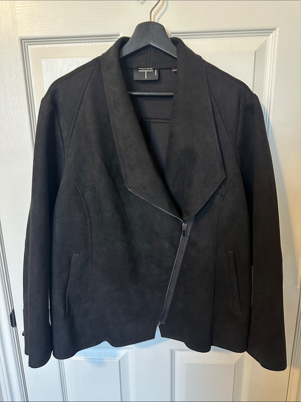 Tahari Black Suede-Look Asymmetrical Zip Moto Jacket